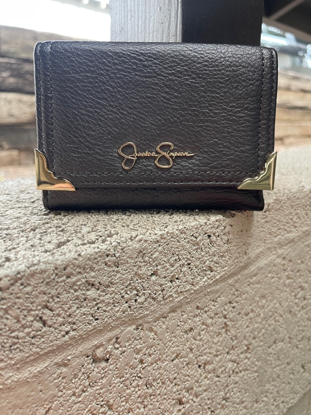 Jessica Simpson Dark Grey Leather Mini Wallet with Gold Logo Corners